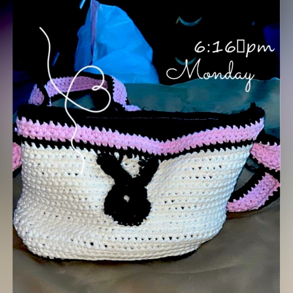 Crocheted Playboy bunny bag! White with black & pink trim!